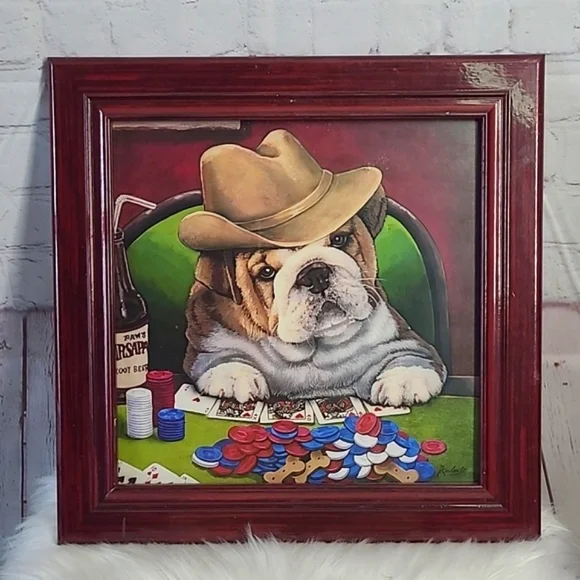 Mahogany Framed Glass English Bull Dog Pup Puppy Poker Gambling Vegas Cowboy Art - Picture 7 of 16